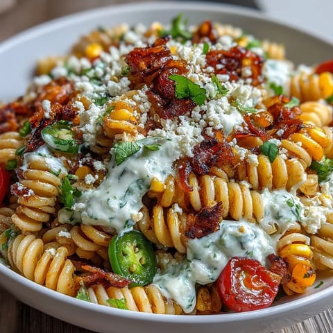 Zesty Elote Pasta Salad with Cotija, Chili, and Lime, featuring charred corn and creamy dressing.