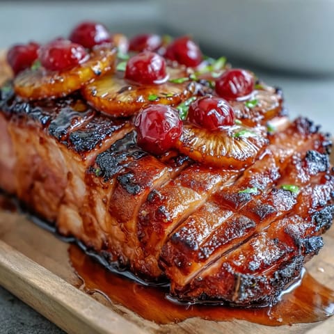 A succulent baked ham with honey glaze, studded with pineapple and cherries, creating a caramelized, aromatic holiday main dish.  