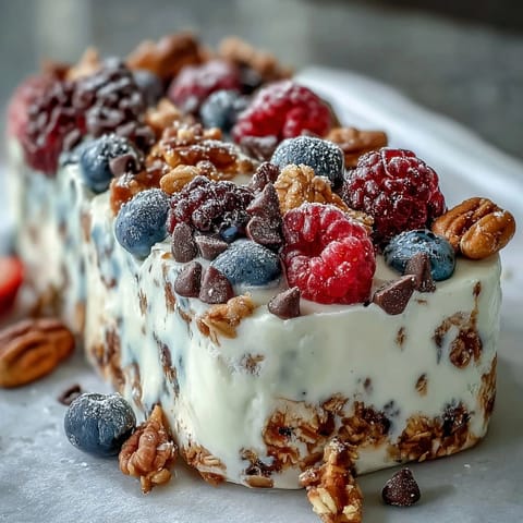 Frozen yogurt bark with berries and granola, a colorful, healthy treat perfect for summer snacking.