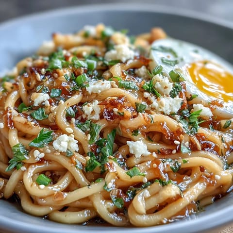 A steaming bowl of viral garlic butter ramen, rich with glossy sauce and topped with green onions and a soft-boiled egg.