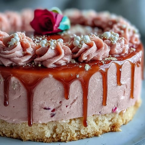 Rosé Velvet Cake with gold drip cascading over soft pink layers.