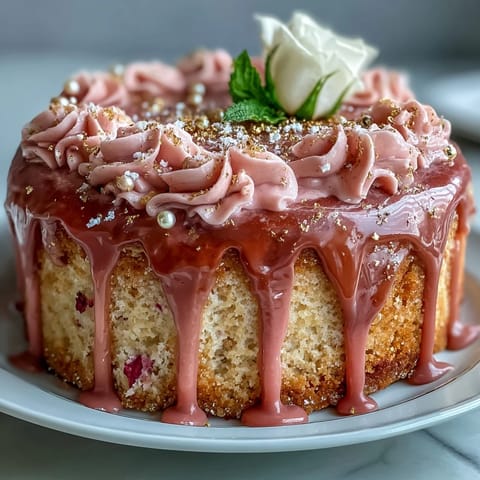 Elegant pink Bridal Shower Rosé Velvet Cake crowned with shimmering gold drip.