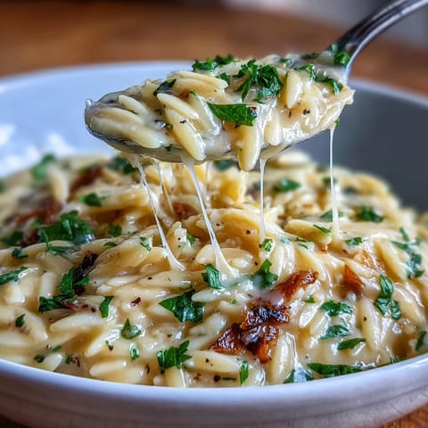 Golden Parmesan Truffle Orzo glistening with truffle oil, a vegetarian delight.