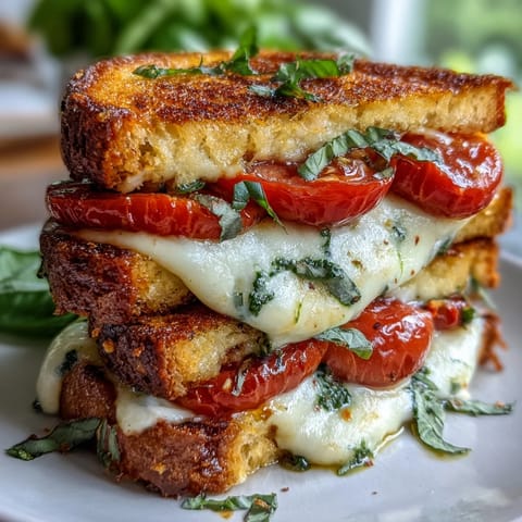 Crispy Caprese Grilled Cheese sandwich oozing with fresh mozzarella and vibrant pesto.