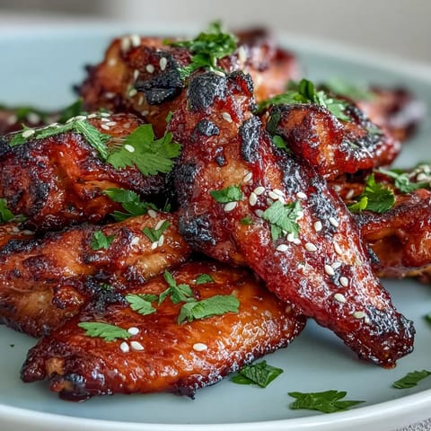 Juicy watermelon glazed chicken wings glistening with sweet, sticky sauce.