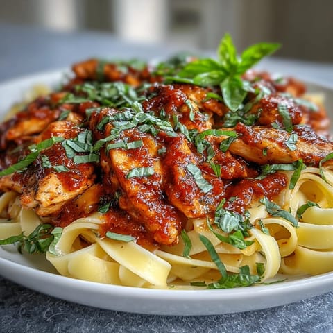 Velvety Italian pasta dish featuring juicy chicken and fresh basil.