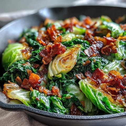 Close-up of Fried Cabbage with Bacon and Onions, glistening and golden.
