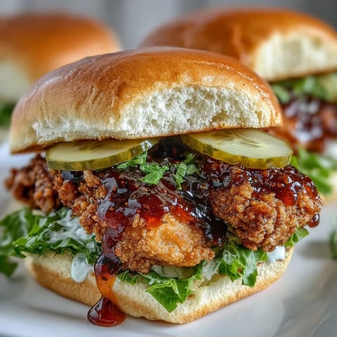 Crispy Hot Honey Chicken Sandwich with pickles and toasted brioche bun.