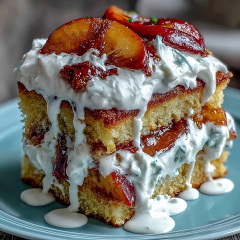 Brown butter cornbread peach shortcake piled high with sweet peaches and cream.