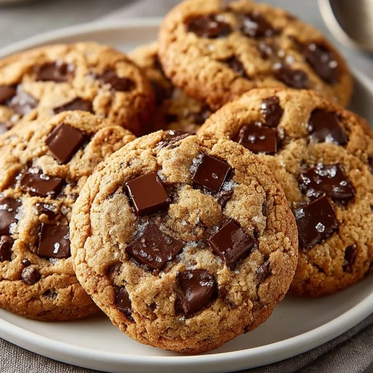 Freshly baked brown butter chocolate chip cookies sprinkled with flaky sea salt on parchment paper.