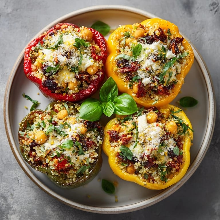 Close-up of Mediterranean Stuffed Bell Peppers with Quinoa and Feta, cheesy tops golden and inviting.