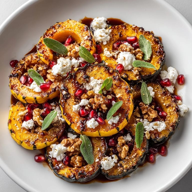 Festive platter of Maple Sage Roasted Acorn Squash with Pomegranate, perfect for a cozy holiday side dish.