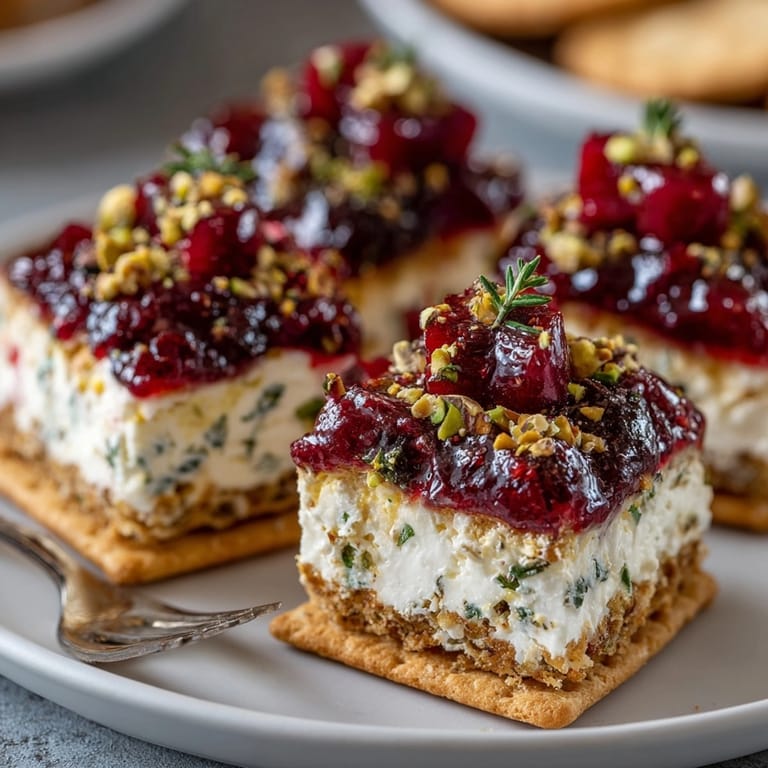 Close-up showcasing Cherry Coded Snackable Bites – each bite loaded with creamy cheese and textures.