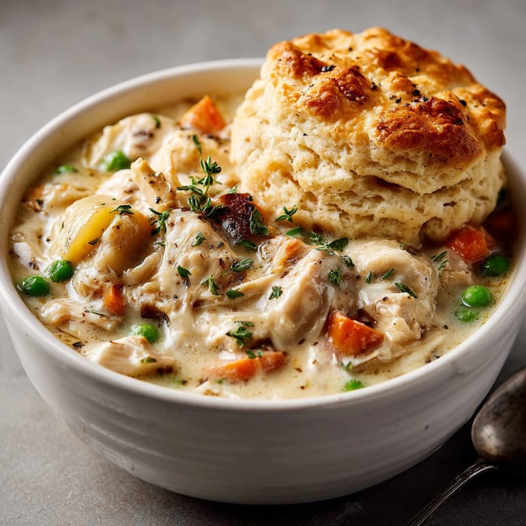 Warm, savory chicken pot pie bowls bursting with tender chicken and vegetables, ready to enjoy.