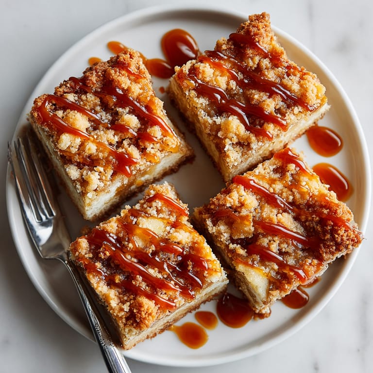 Warm Chaos Apple Pie Bars, showing bubbling apple filling and a crispy streusel topping.