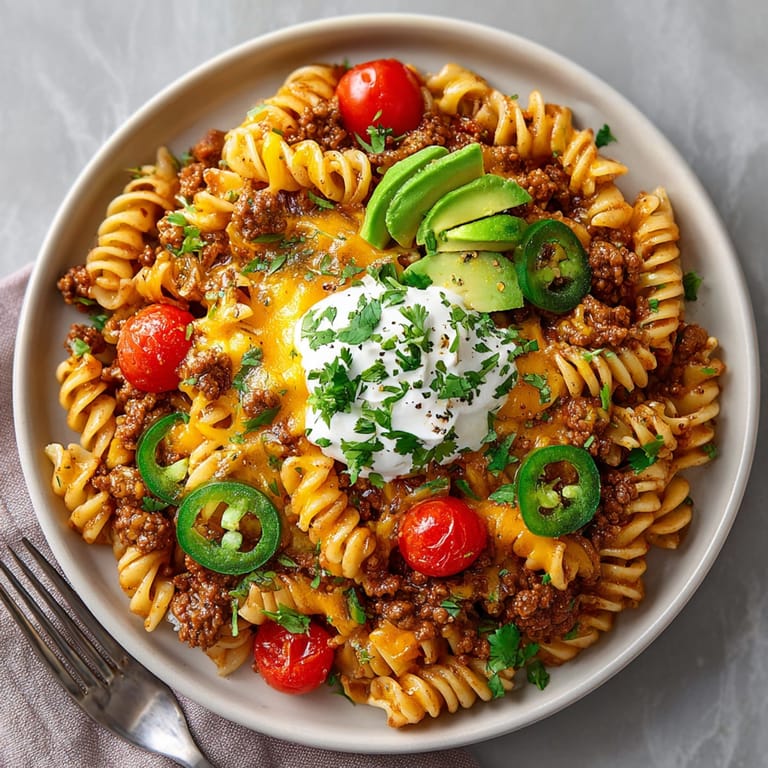 Flavorful Taco Pasta Skillet topped with fresh cilantro and avocado, a complete one-pot dinner recipe.