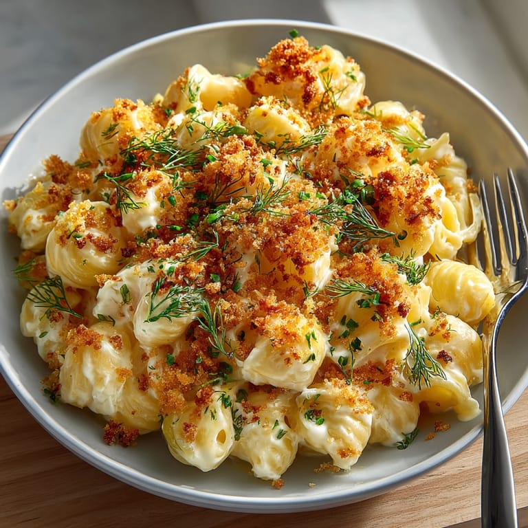 Savory Modern Mac and Cheese with Pickle Fix, featuring creamy cheese and tangy pickle relish, ready to serve.