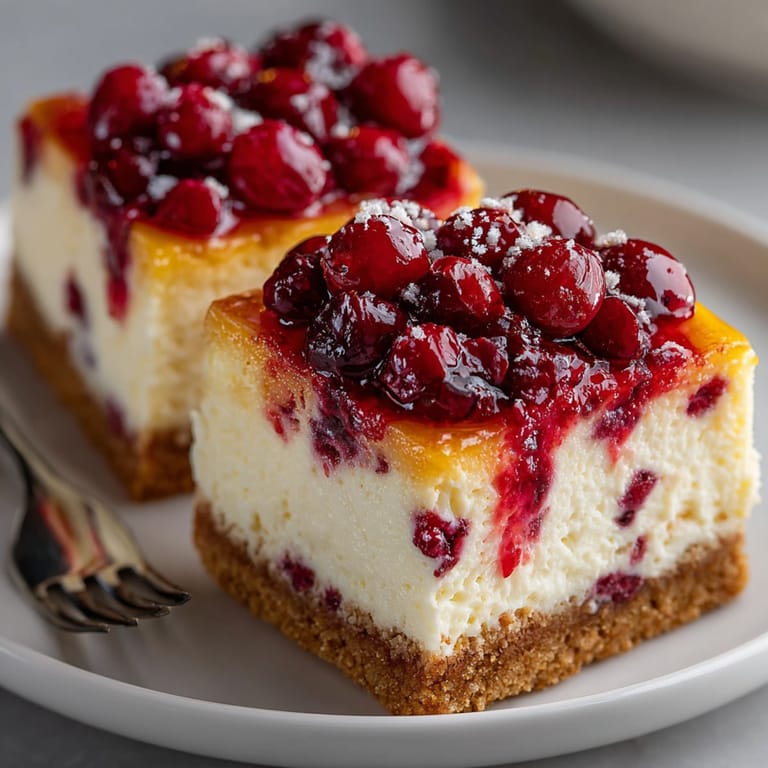 A close-up shows the layers of the creamy Cranberry-Orange Cheesecake Bars cut into perfect squares.