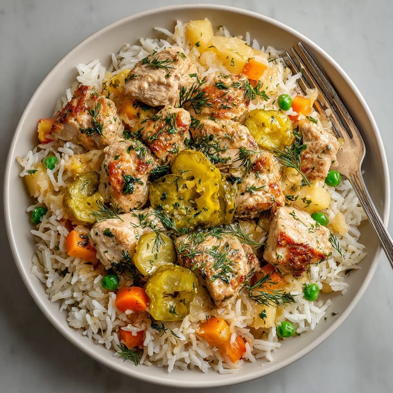 Close-up of the vibrant Pickle Fix Herb Butter Chicken and Rice Skillet, garnished with herbs and pickles.