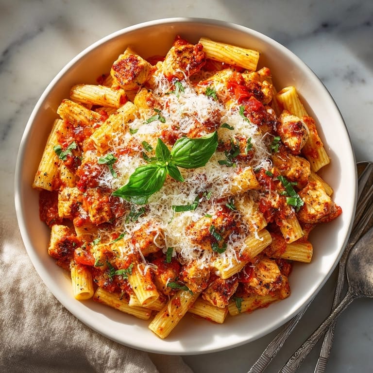 Flavorful Budget-Friendly Chicken Parmesan Pasta with visible diced chicken and lots of cheese.