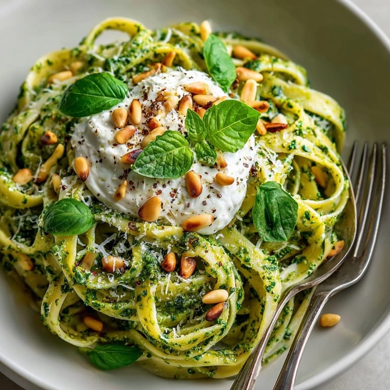 A vivid close-up of ghoulish green pasta with pesto swirl: creamy ricotta ghosts atop the pesto.