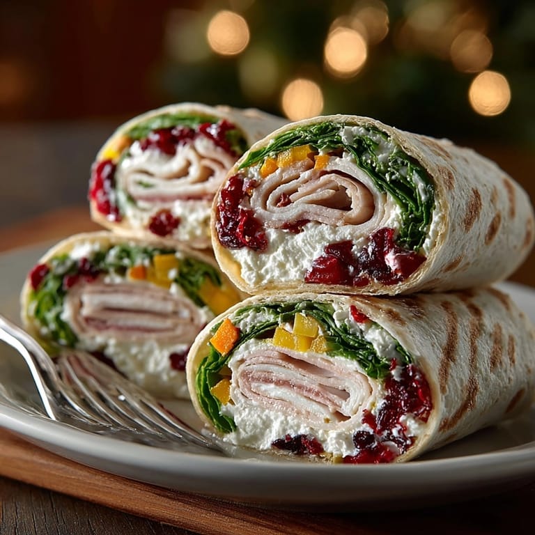Close-up: Delicious Holiday Party Pinwheel Wraps with Cranberry featuring layers of ingredients ready to eat.
