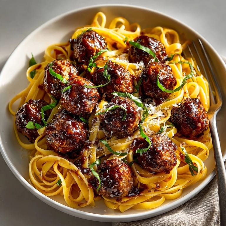 Delicious Cherry Cola Glazed Meatball Pasta, a comforting meal with meatballs and spaghetti in a sweet-savory glaze.