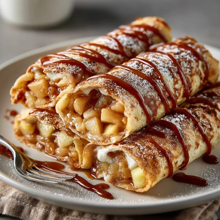 A perfect bite of Fall Caramel Apple Dessert Wraps shows caramelized apples inside a crisp, buttery wrap.
