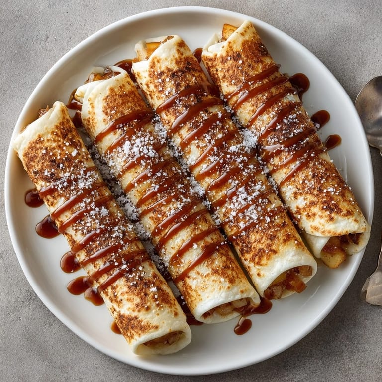 Freshly baked and glistening, these Fall Caramel Apple Dessert Wraps await a generous drizzle of caramel.