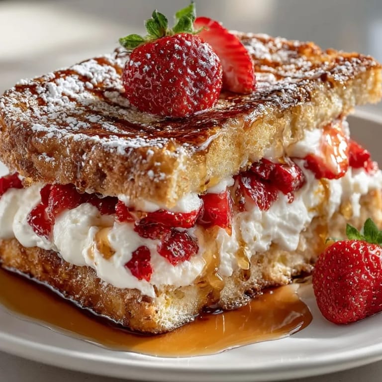 Golden-brown strawberry cream cheese stuffed French toast ready to be enjoyed for brunch this weekend.