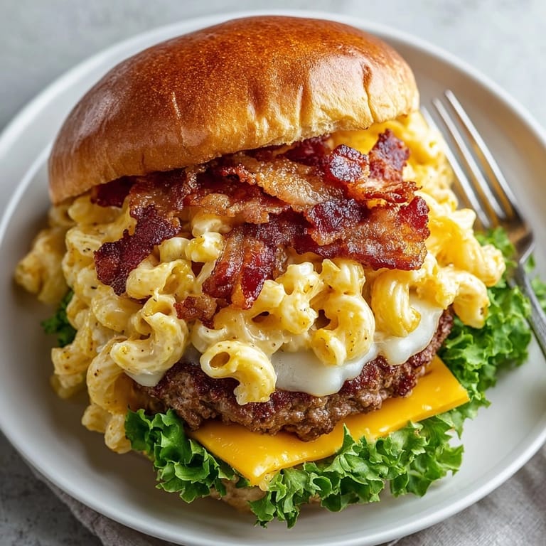 Imagine this Bacon Mac and Cheese Burger: A perfectly grilled patty with bacon and cheesy pasta.