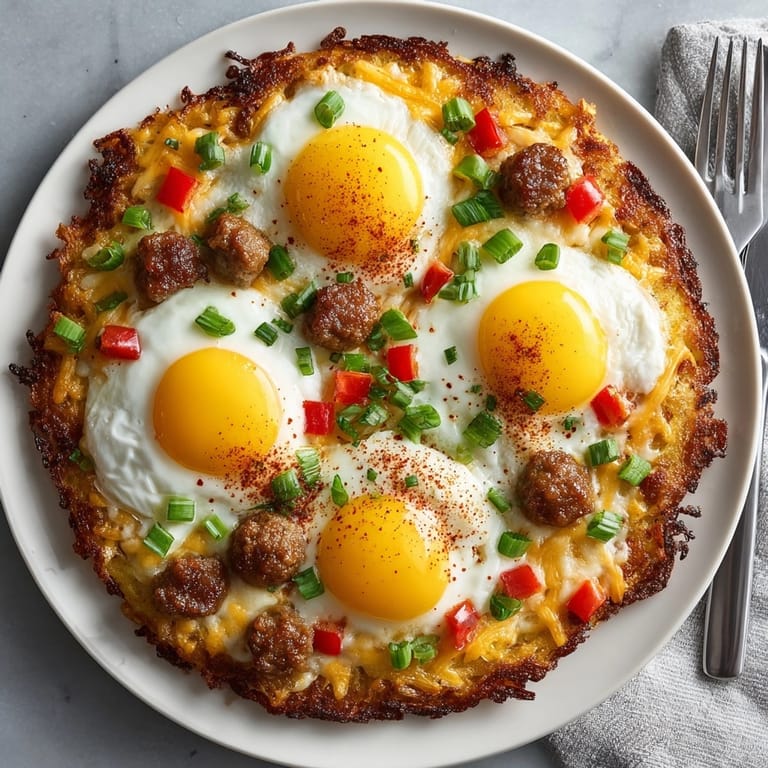 Enjoy a slice of this homemade Breakfast Pizza featuring a hearty hash brown base, ready to eat.