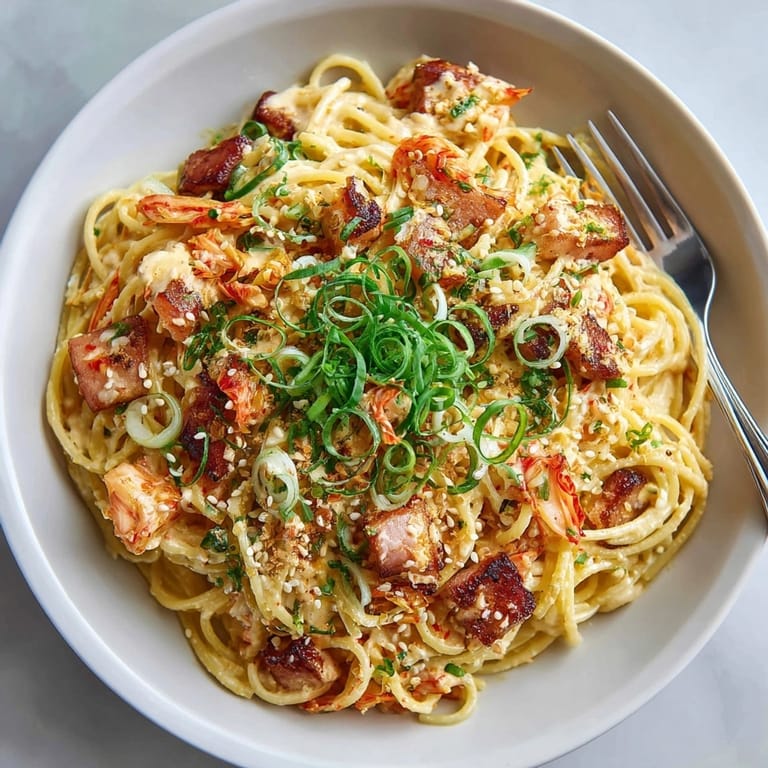 Spicy, savory Korean Kimchi Carbonara, a fusion pasta dish with a sesame oil drizzle.