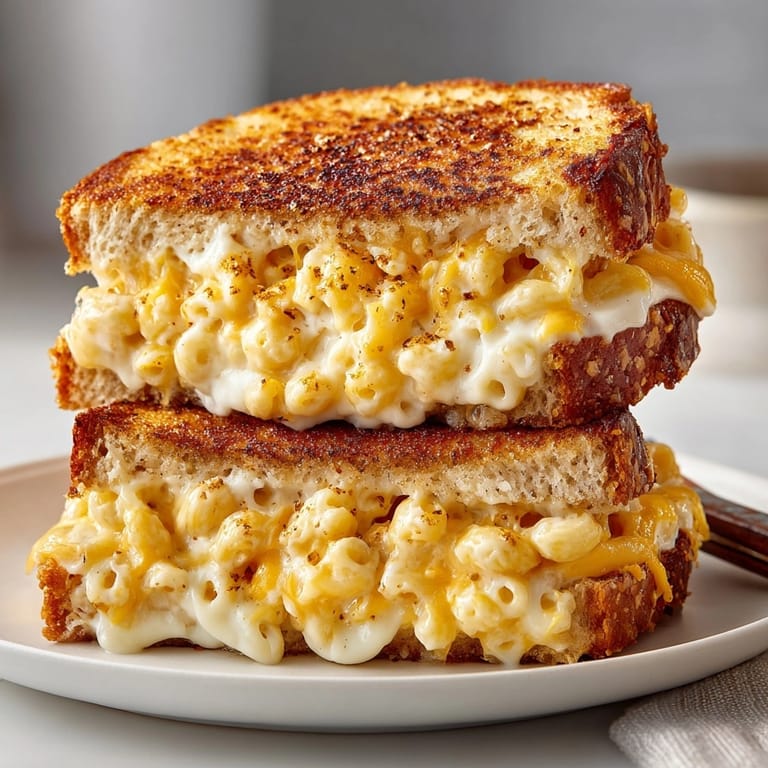 Close-up of golden, crispy Mac and Cheese Stuffed Grilled Cheese Sandwich halves showing rich, creamy filling inside.