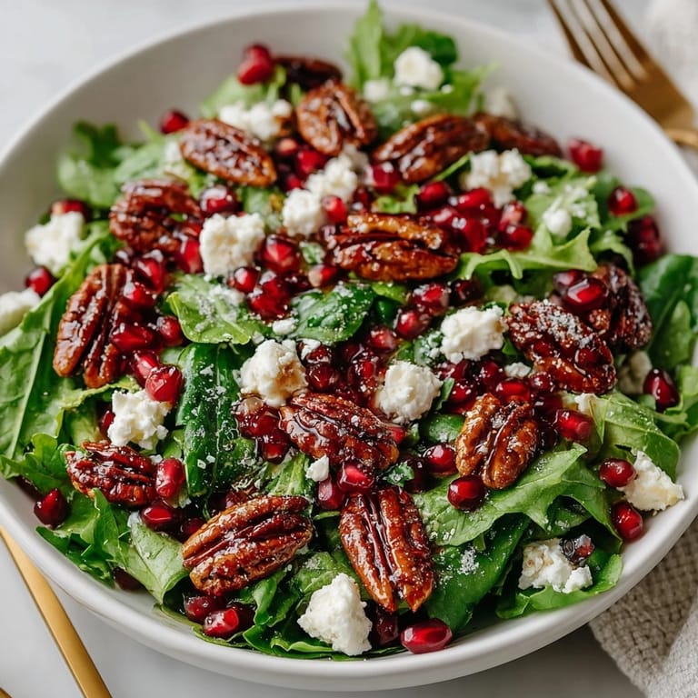 Freshly made Pomegranate Feta Winter Salad featuring ruby seeds, crunchy nuts, and vibrant greens.