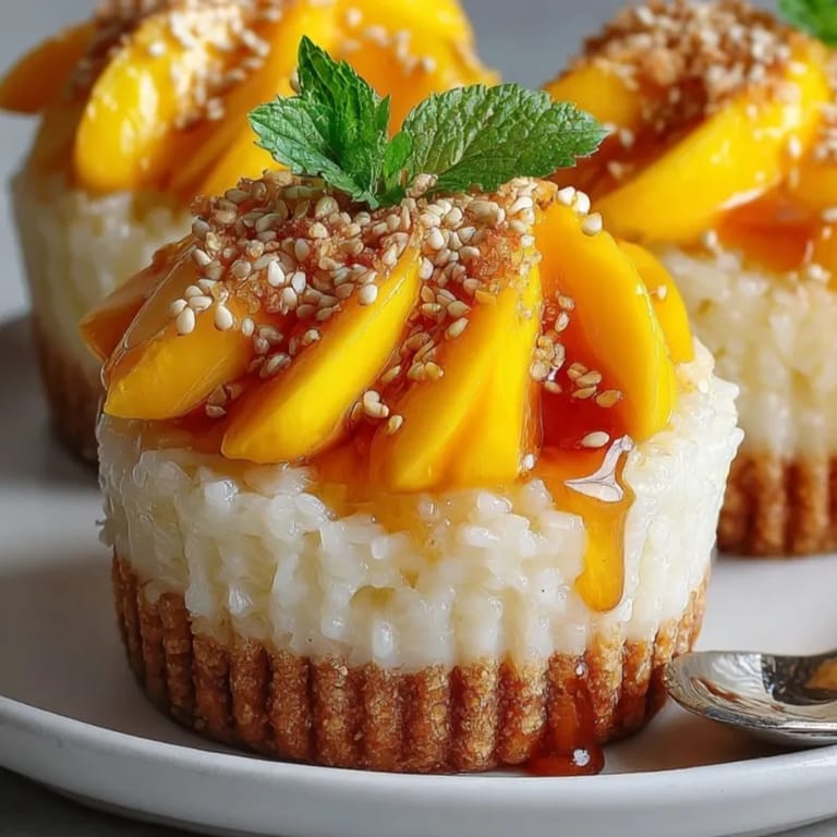 Creamy coconut sticky rice and ripe mango layered beautifully in individual Thai Mango Sticky Rice Cups.