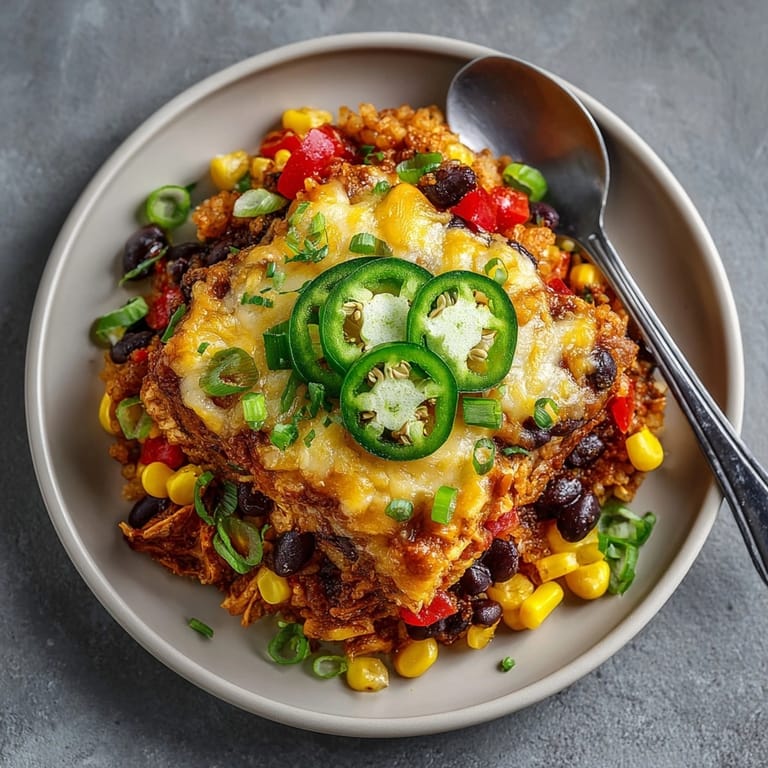 Hearty Cheesy Taco Chicken Casserole garnished with avocado, green onions, and vibrant Tex-Mex flavors.