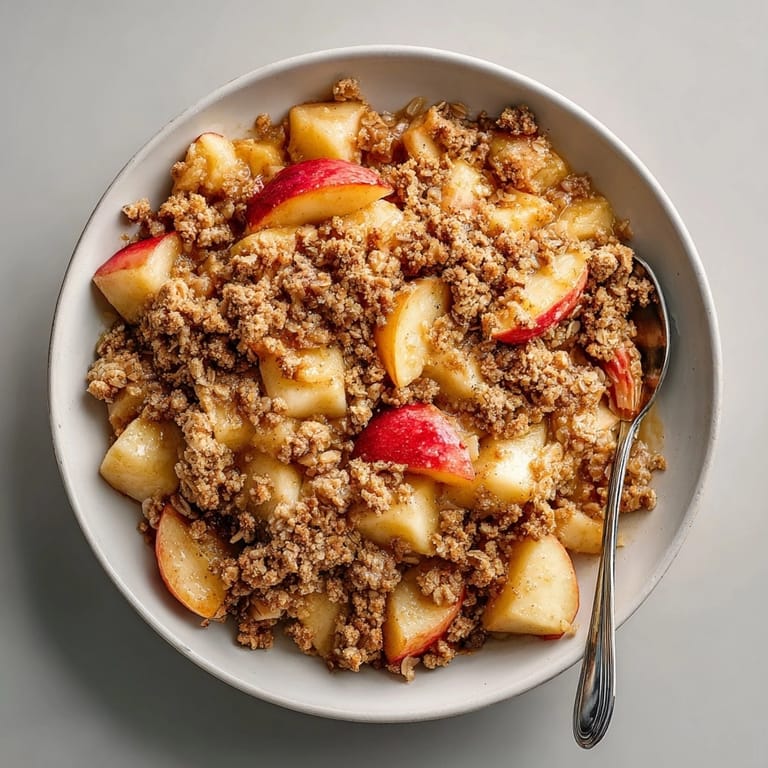 Close-up of apple rhubarb crisp topped with crunchy oat streusel, ready for dessert time.