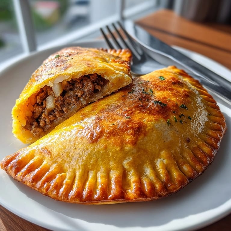 Close-up view of Jamaican beef patty recipe with vibrant yellow crust and spiced beef filling.