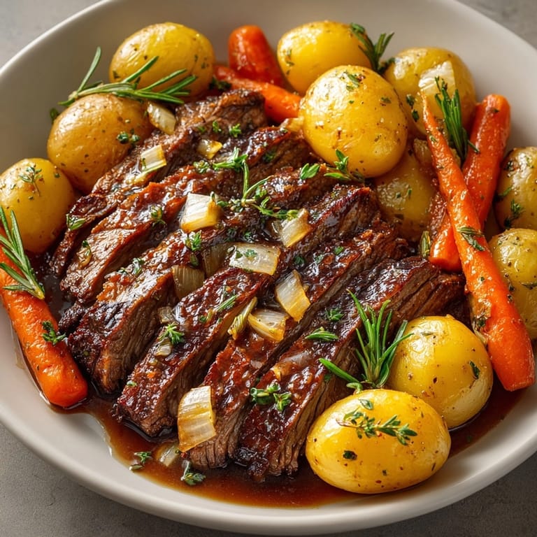 Close-up of glistening, juicy Instant Pot Beef Pot Roast with golden carrots and potatoes.