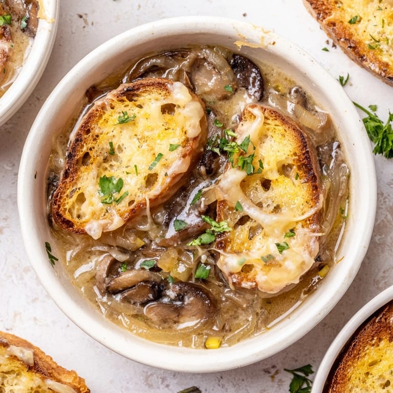 Homemade French Onion Mushroom Soup: a comforting bowl, fragrant with thyme and caramelized onions.
