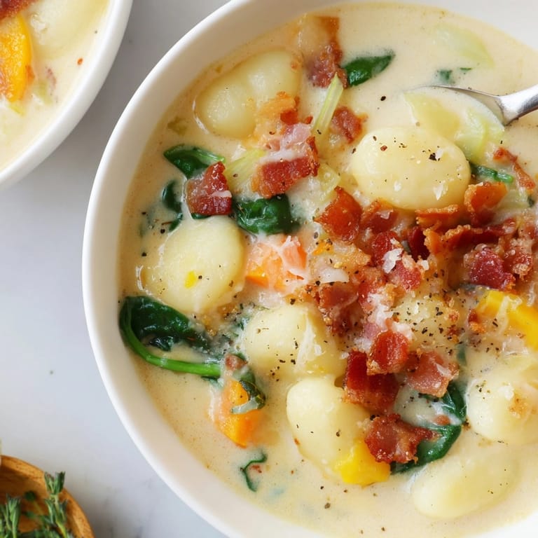 Easy Creamy Gnocchi Soup with Bacon: see the steam swirling from rich Italian-American comfort.