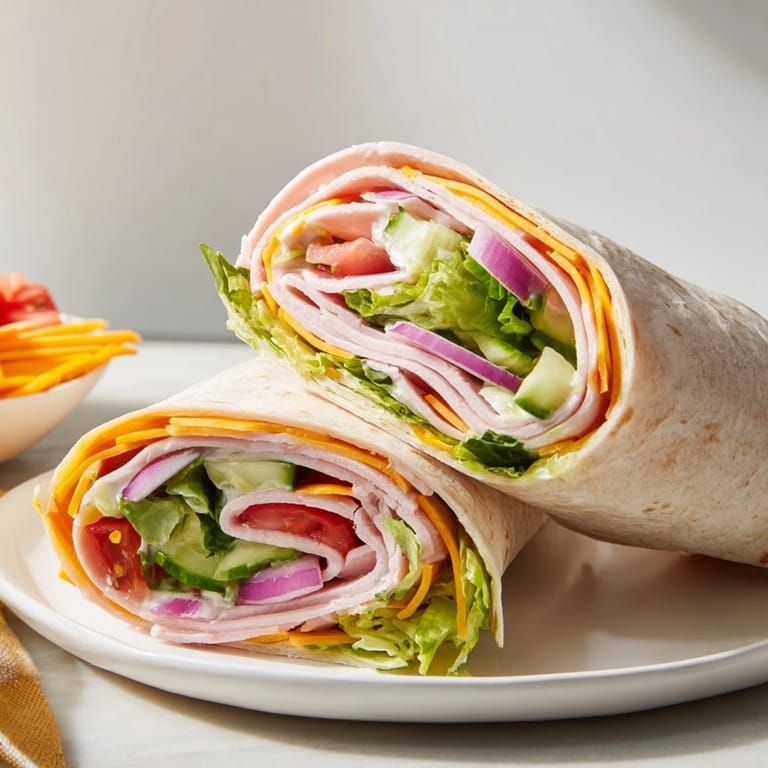 Stacked Avocado Ranch Turkey Wraps, sliced to reveal creamy avocado and crisp veggies.
