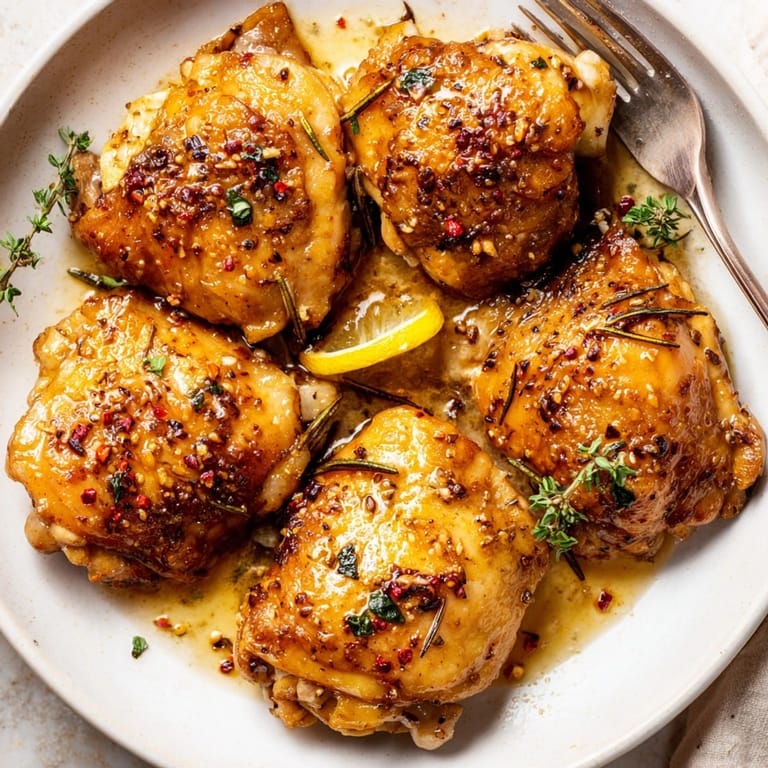 Golden-brown Garlic Brown Butter Chicken Thighs served with bright parsley and lemon wedges, ready to eat.