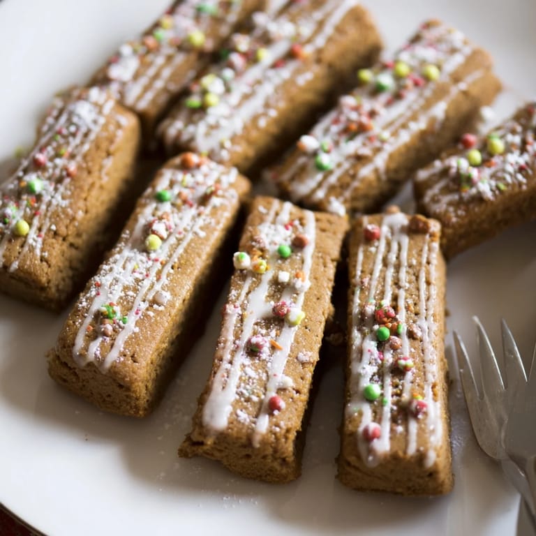 Close-up of delectable gingerbread cookie sticks, drizzled with icing and festive sprinkles.