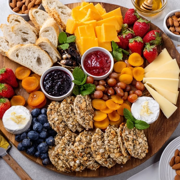 Sweet and savory Jam-Infused Brunch Board garnished with fresh mint and assorted fruits.