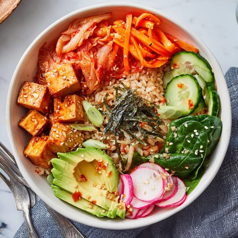 Wholesome fermented vegetable bowl featuring kimchi, radishes, and a drizzle of sesame dressing.