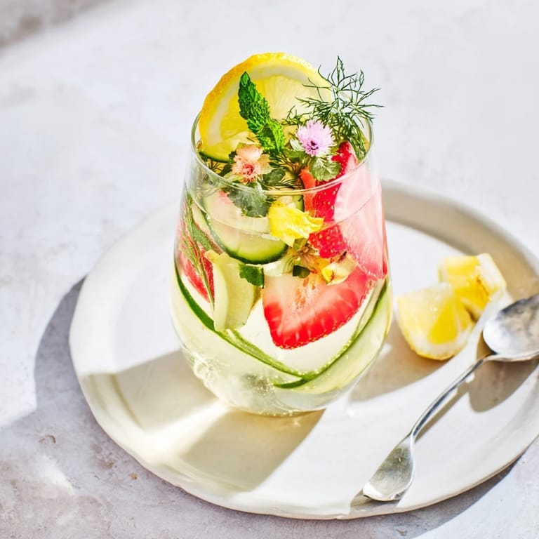 Colorful mocktails with ice, lemon slices, and strawberries, perfect for hot days.  