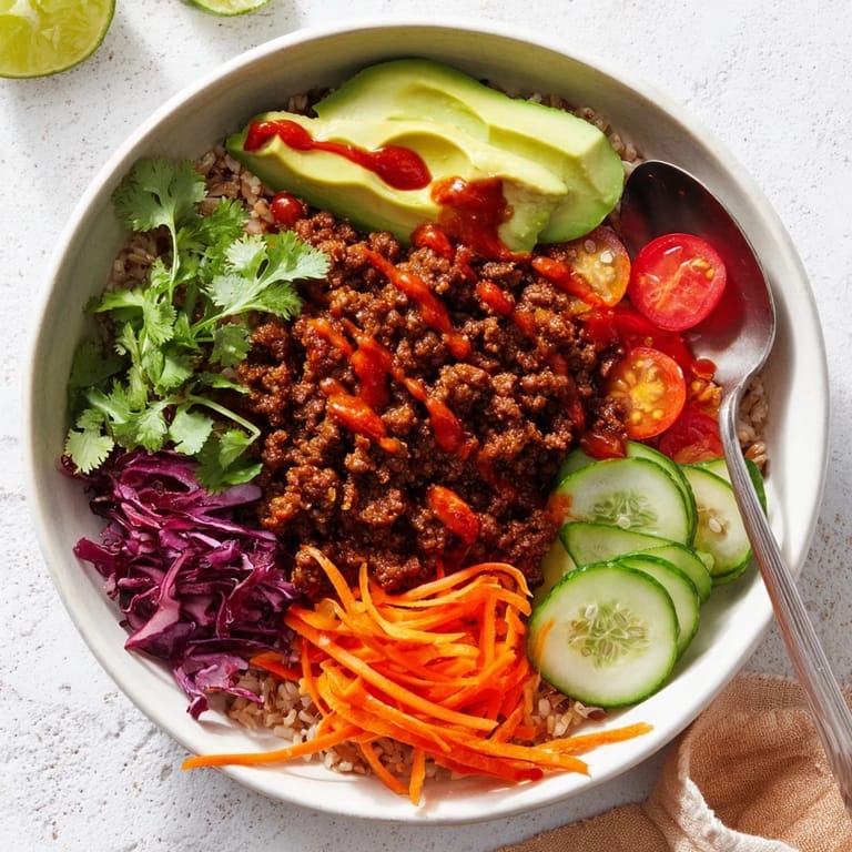 Delicious plant-based meat bowl topped with avocado, tomatoes, and spicy mayo sauce.  