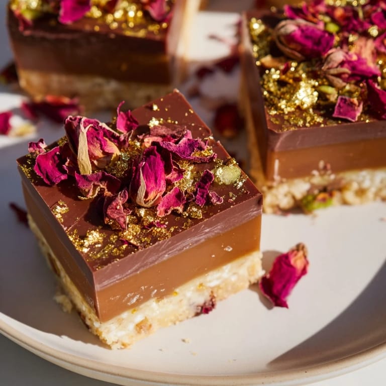 Indulgent dessert bars featuring rich chocolate flavors and Middle Eastern spices, beautifully garnished.